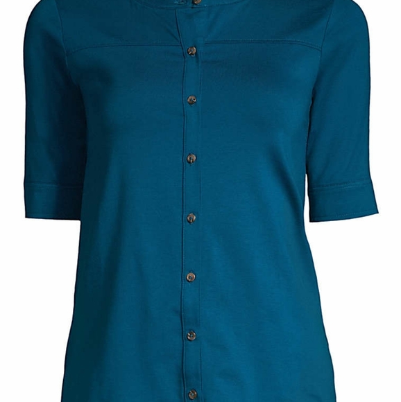 Land's End Teal Elbow Sleeve Button Front Top - Picture 4 of 6